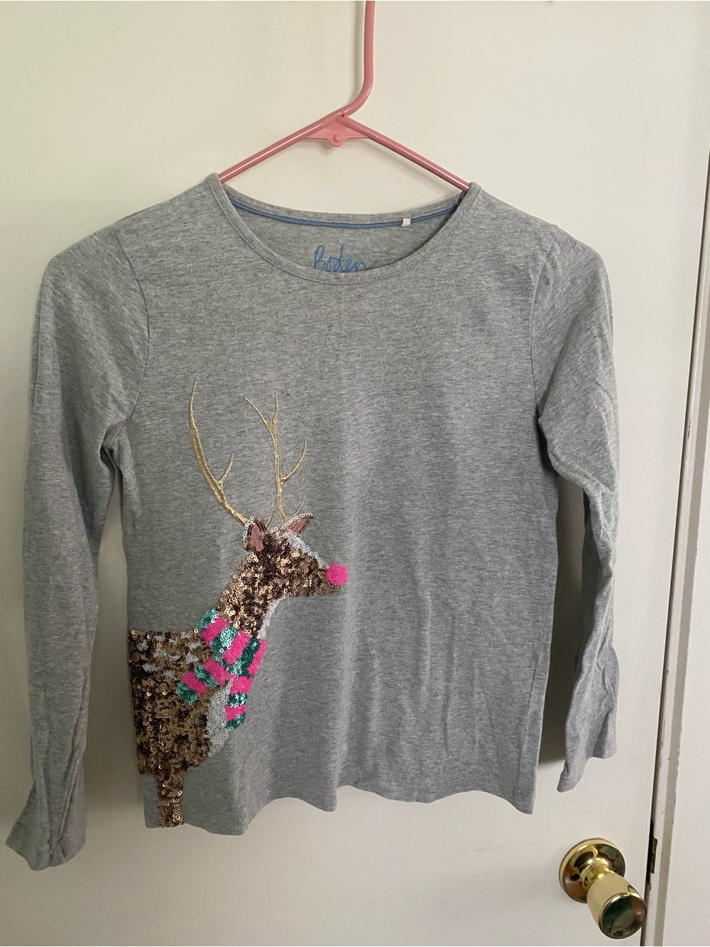 Boden Holiday Grey Long-Sleeve Tee with Sequin Reindeer
